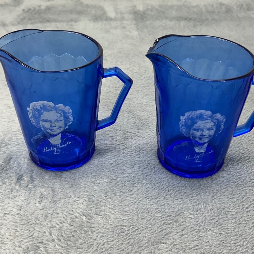 1936 Hazel Atlas Shirley Temple Wheaties Cobalt Blue Creamer Pitchers Lot of 2